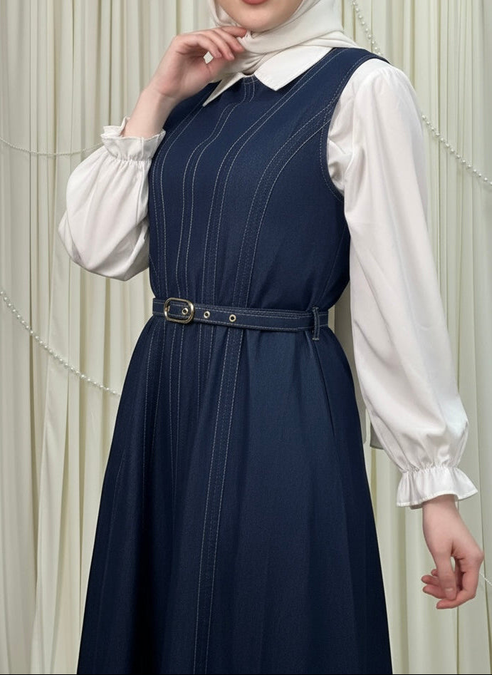 Sleeveless Denim Dress with Belt